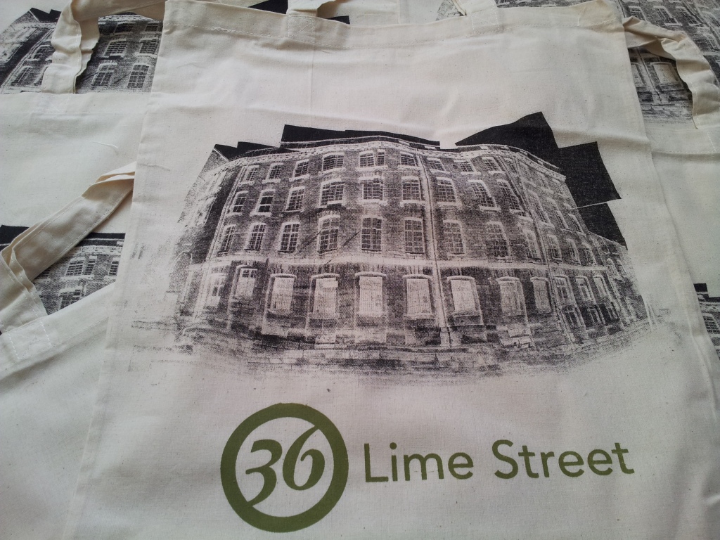 Hand printed 36 Lime Street bag £3.50 all proceeds go towards 36 Lime Street Building Fund